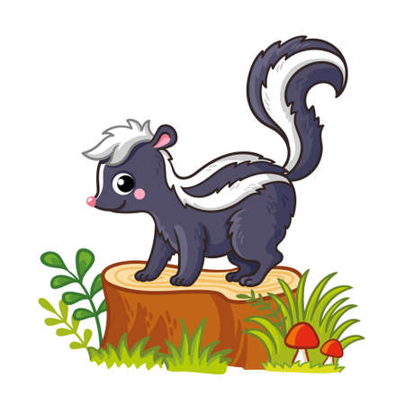 Cute skunk standing on a stump with mushrooms and grass. Vector illustration with animals in cartoon style.のイラスト素材