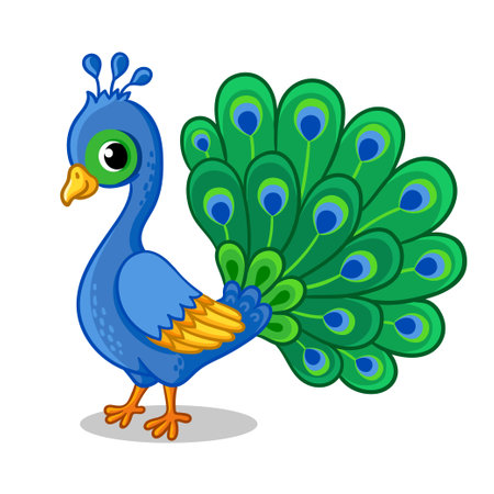 Cute beautiful blue peacock on a white background. Vector illustration with a bird on a white background.のイラスト素材