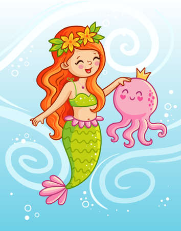 Cute mermaid holds an octopus underwater in her hands. Vector illustration in cartoon style.のイラスト素材