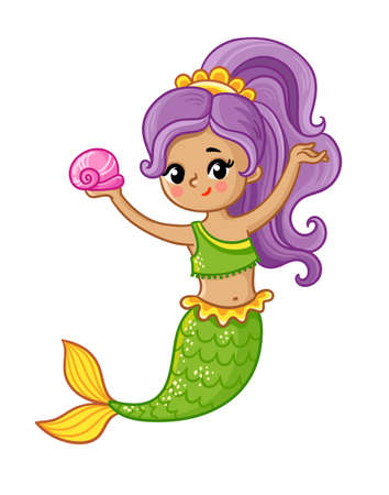 Cute mermaid smiles and holds a seashell in her hands. Vector illustration in cartoon style.のイラスト素材