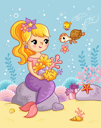 Cute beautiful mermaid sits on a stone under water and plays with a turtle among shells and seaweed. Vector illustration in cartoon style.のイラスト素材