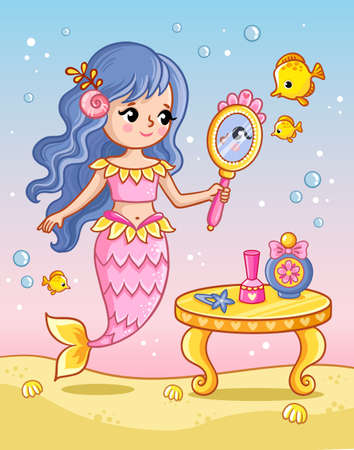 The mermaid looks in the mirror near the table among the fish underwater. Vector illustration in cartoon style.のイラスト素材