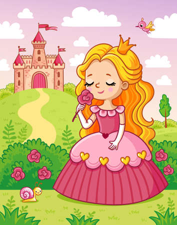 Little cute princess in a beautiful dress sniffs a red flower on the background of a castle in a green meadow. Vector illustration with a girl in a cartoon style.のイラスト素材