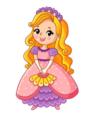 Princess in a beautiful dress and with a fan in her hand stands on a white background and smiles. Vector illustration in cartoon style.のイラスト素材