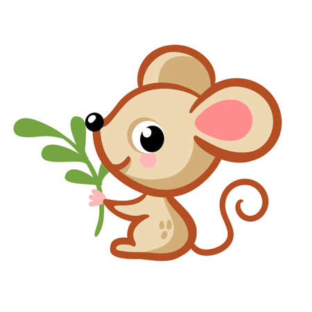 Cute mouse in a cartoon style sits on a white background and holds a twig in his hand. Vector illustration with animal rodent.のイラスト素材