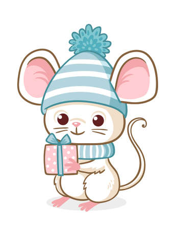 Cute little mouse in a blue Christmas hat is holding a Christmas present. Vector illustration with animal rodent on a white background.のイラスト素材