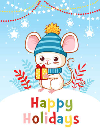 Little mouse is standing on a hill holding a New Year's gift. Vector Christmas card with a cute rodent on a background of blue sky.のイラスト素材