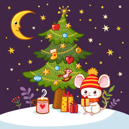 Christmas card with mouse and New Year tree. Vector illustration on a Christmas theme in cartoon style.のイラスト素材