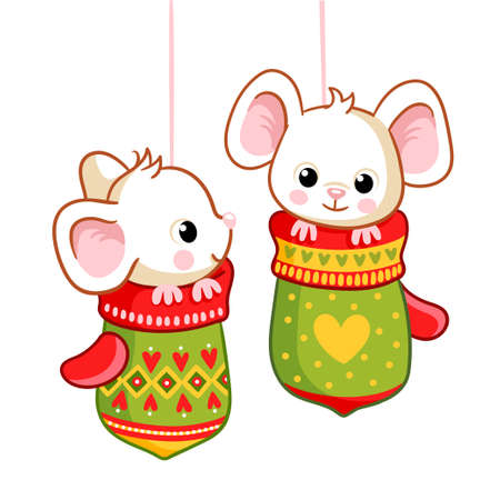 Little mice sitting in the Christmas mittens on a white background. Vector illustration on a Christmas theme.のイラスト素材