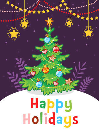 New Year greeting card with the inscription. Christmas tree with garlands on a purple background.のイラスト素材