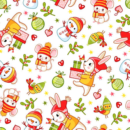 Vector seamless pattern on a Christmas theme with a car deer and mouse on a white background. Illustration with cute hare and animals.のイラスト素材