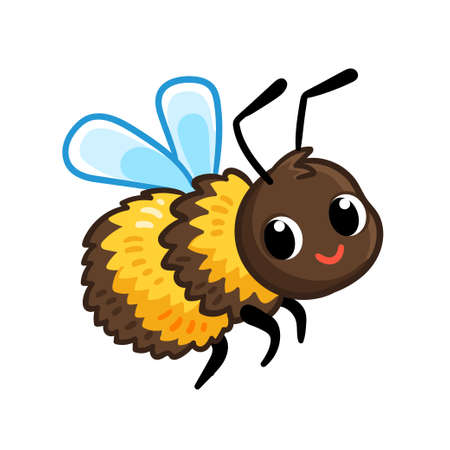 Cute striped bumblebee is flying on a white background. Vector illustration with insect in cartoon style.のイラスト素材