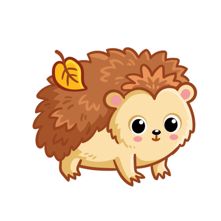 Cute brown hedgehog stands on a white background. Vector illustration with cute forest animal in cartoon style.のイラスト素材