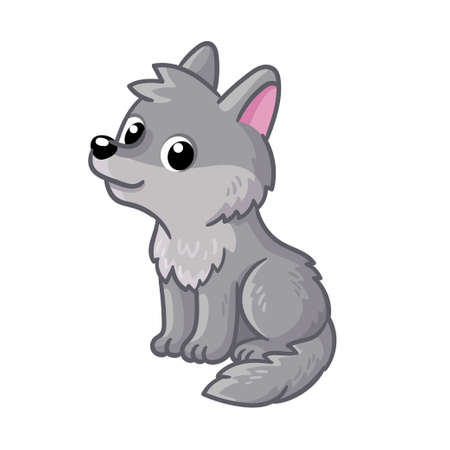 Cute gray wolf cub sits on a white background. Wolf cub in cartoon style.のイラスト素材