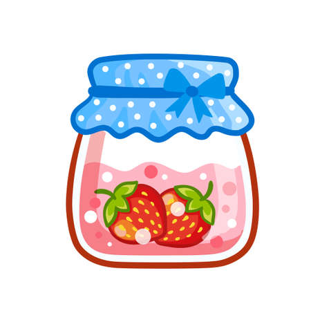 Glass jar with strawberry jam closed with a blue polka dot handkerchief. Vector illustration with jam isolated on white background in cartoon style.のイラスト素材