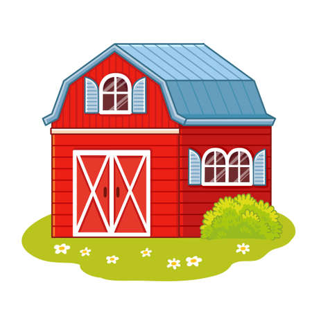 Cute farmhouse red house on a white background in cartoon style. Vector illustration with stable and barn.のイラスト素材