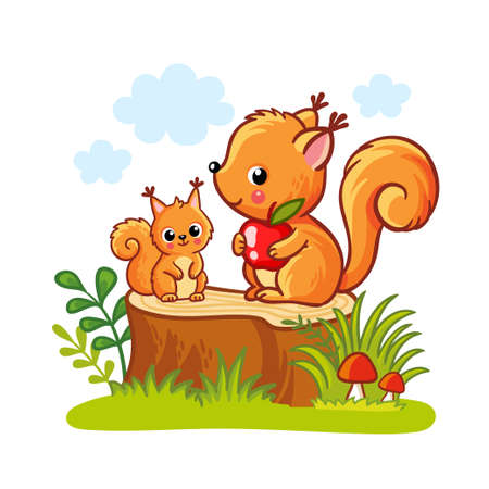 Cute squirrels are sitting on a wooden stump on a white background. Vector illustration with forest animals in cartoon style.のイラスト素材