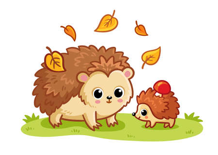 Mother hedgehog with a small hedgehog stand in a clearing among the falling leaves. Vector illustration with dales animals in cartoon style.のイラスト素材