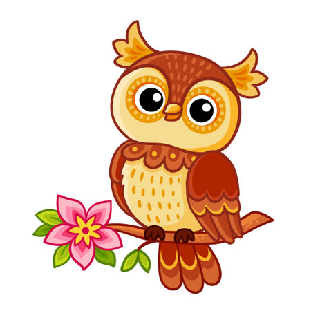 Cute owl sits on a branch with a flower. Vector illustration with a bird on a white background in a cartoon style.のイラスト素材
