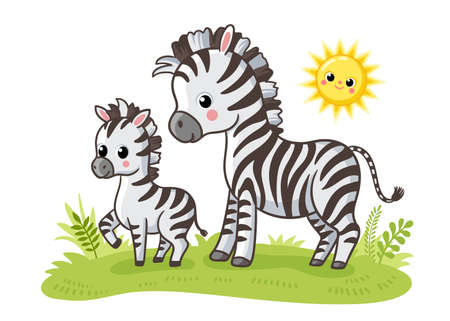 Cute zebra with a cub stands on a green meadow on a white background. Veil illustration with animals in cartoon style.のイラスト素材