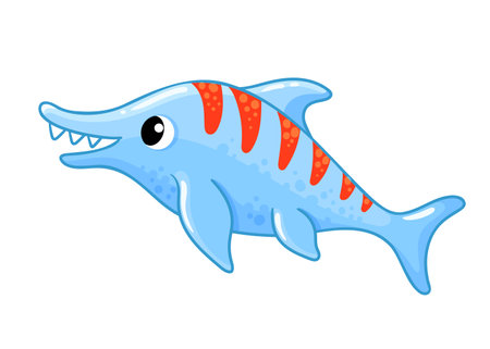 Vector illustration with an ichthyosaur which stands on a white background. Cute dinosaur in cartoon style.のイラスト素材