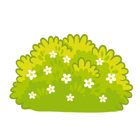 Cute green bush with white flowers on a white background. Green plant in cartoon style.のイラスト素材