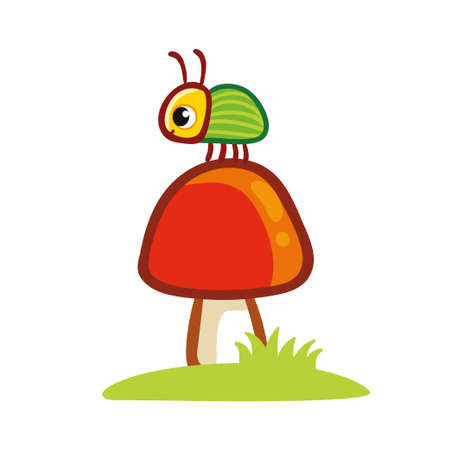 A cute insect in cartoon style sits on a mushroom. A beetle and a mushroom stand in a clearing on a white backgroundのイラスト素材