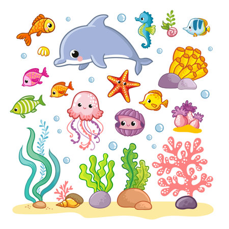 Big set with sea animals and plants in cartoon style. Vector illustration on a marine theme.のイラスト素材