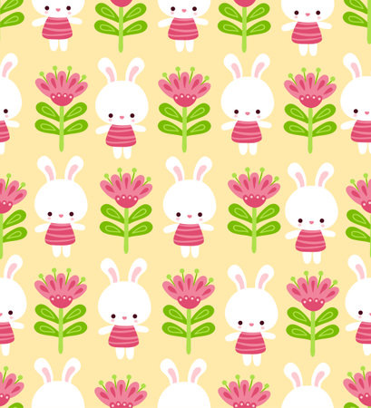 Vector seamless pattern with cute rabbits. Cute illustration with hares and flowers in cartoon style.のイラスト素材