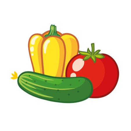 Pepper, tomato and cucumber on a white background. Vector illustration with vegetables in cartoon style.のイラスト素材