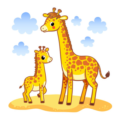 Cute giraffe with a cub stands on a sandy meadow among the clouds on a white background. Vector illustration with animals in cartoon style.のイラスト素材
