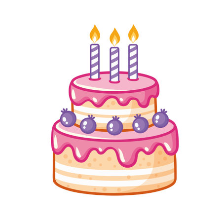 Beautiful cake with candles on a white background. Cute vector illustration with a cake in cartoon style.のイラスト素材