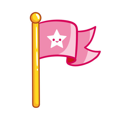 Pink flag with a wooden handle on a white background. Vector illustration with flag in cartoon style.のイラスト素材