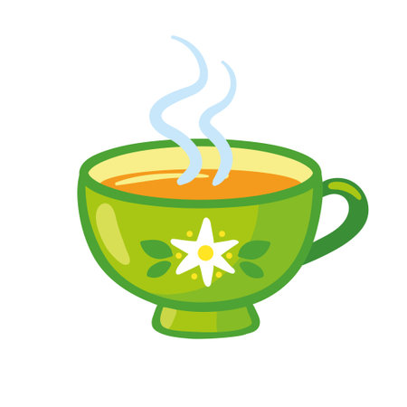 Beautiful mug with hot tea on a white background. Vector illustration with green mug in cartoon style.のイラスト素材