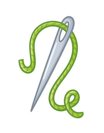 Needle with green thread on a white background. Vector illustration with sewing kit in cartoon style.のイラスト素材