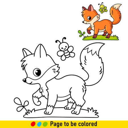 Coloring book with a little fox in a cartoon style. Black and white illustration with an animal for the development of children.のイラスト素材
