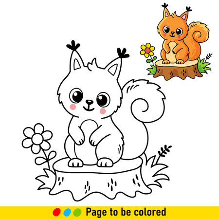 Coloring book with a little squirrel in cartoon style. Black and white illustration with an animal for the development of children.のイラスト素材