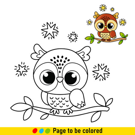 Coloring book with little owl in cartoon style. Black and white illustration with a forest bird for the development of children.のイラスト素材