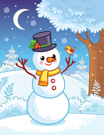 Christmas card with a snowman on a snowy background in cartoon style. New Years illustration on a Christmas theme and with a winter forest.のイラスト素材
