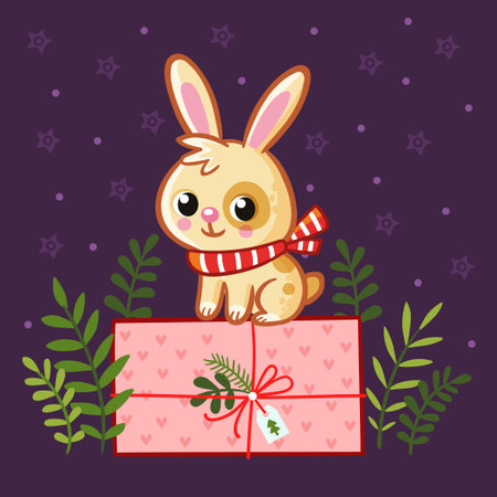 Christmas card with a New Year's bunny that sits on a gift in a cartoon style. New Year illustration on a Christmas theme.のイラスト素材