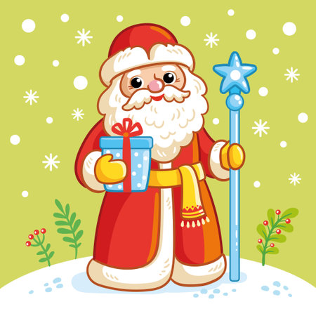 Vector illustration with Russian Santa Claus in traditional winter clothes standing on the snow and holding a gift in his hands. Christmas card in cartoon style.のイラスト素材