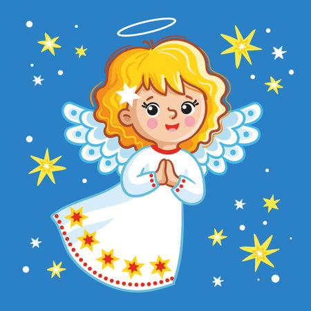 Vector illustration with christmas angel. Christmas card in cartoon style on a magical theme.のイラスト素材