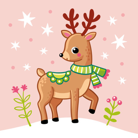 Vector illustration with a Christmas deer standing in the snow. Christmas card in cartoon style on a New Year theme.のイラスト素材