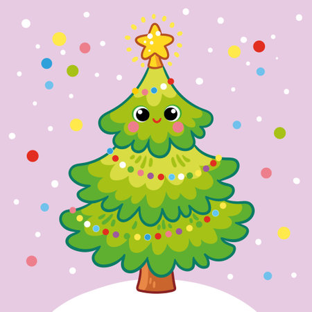 Vector illustration with a Christmas tree among falling colorful balls. Christmas card in cartoon style on a New Year theme.のイラスト素材