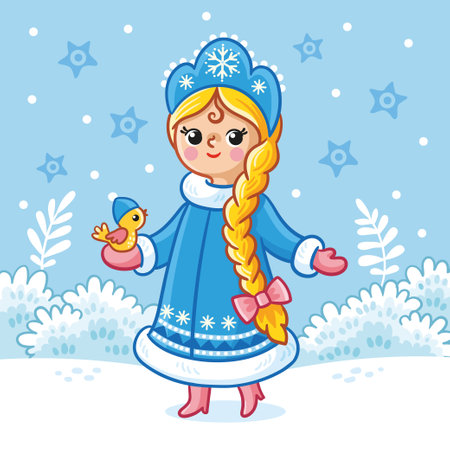 Vector illustration with Snow Maiden and a bird in the snow. Christmas card in cartoon style on a New Year theme.のイラスト素材