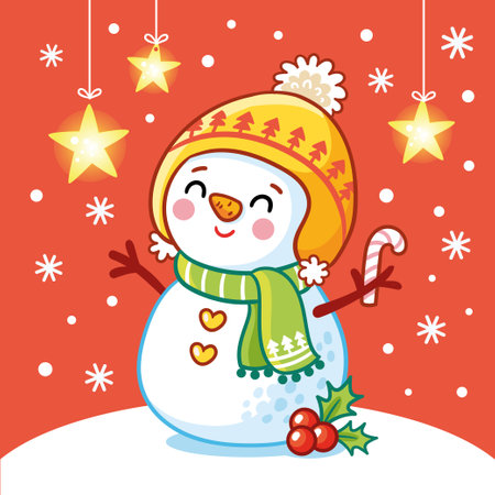 Vector illustration with a snowman on a snowy meadow. Christmas card in cartoon style on a New Year theme.のイラスト素材