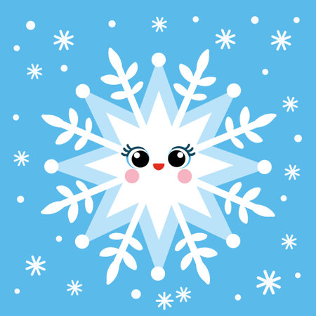 Vector illustration with a cute snowflake on a blue background. Christmas card in cartoon style on a New Year theme.のイラスト素材