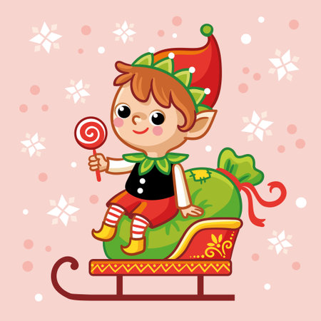 Vector illustration with christmas elf on sled. Christmas card in cartoon style on a New Year theme.のイラスト素材