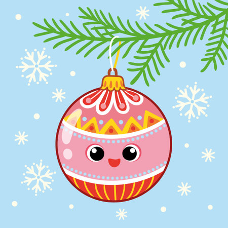Vector illustration with Christmas toy. Christmas card in cartoon style on a New Year theme with a ball.のイラスト素材