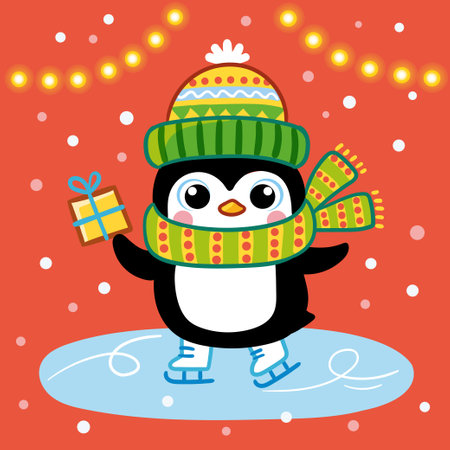 Vector illustration with a Christmas penguin in a hat and scarf. Christmas card in cartoon style with an animal.のイラスト素材